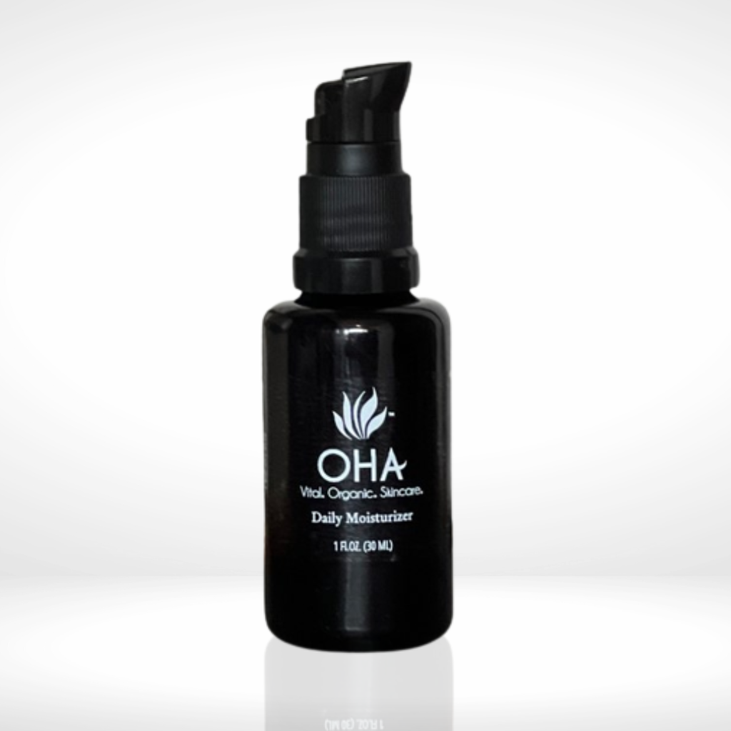 daily facial moisturizer with whole plant extracts in glass bottle