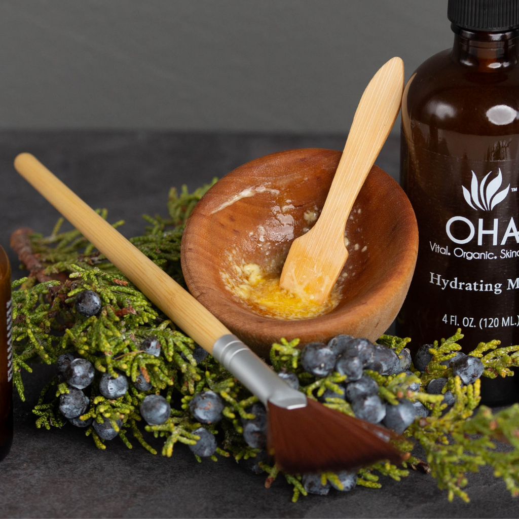 Eco-friendly skincare mixing set with wooden bowl, fan brush, and applicator