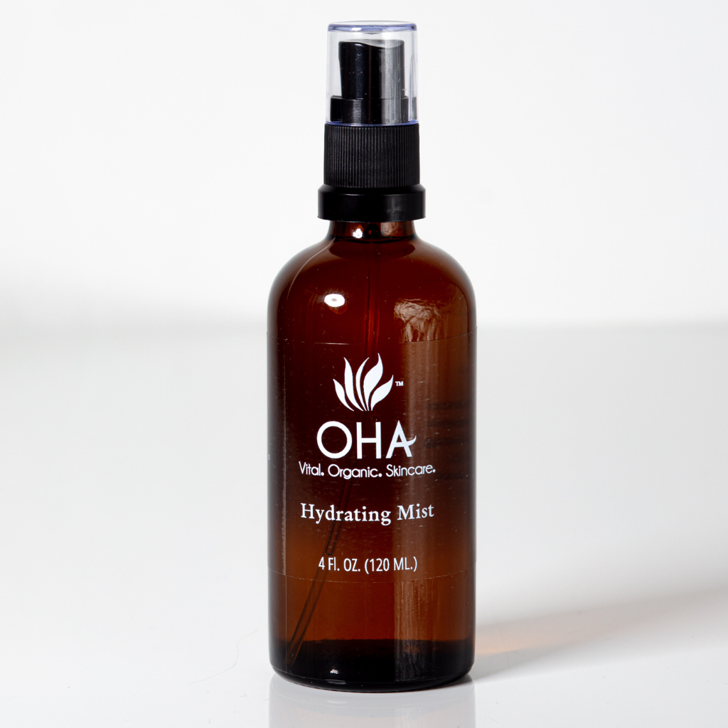 hydrating facial mist with rose and lavender in glass spray bottle