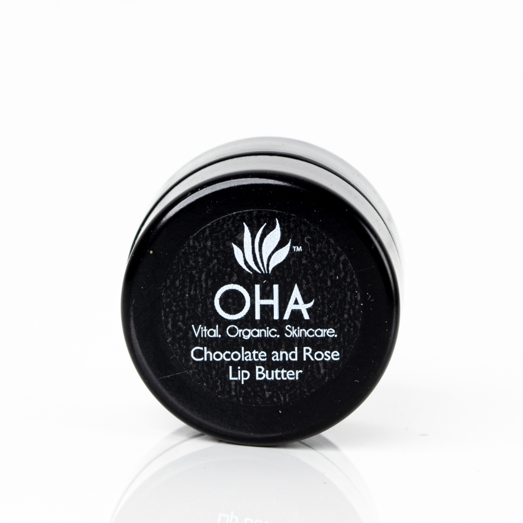 Chocolate & rose lip balm in small glass jar
