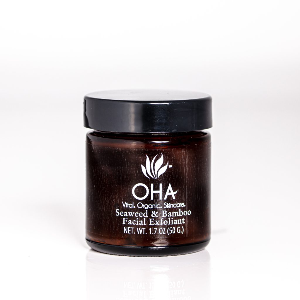Jar of gentle exfoliant made with seaweed and bamboo