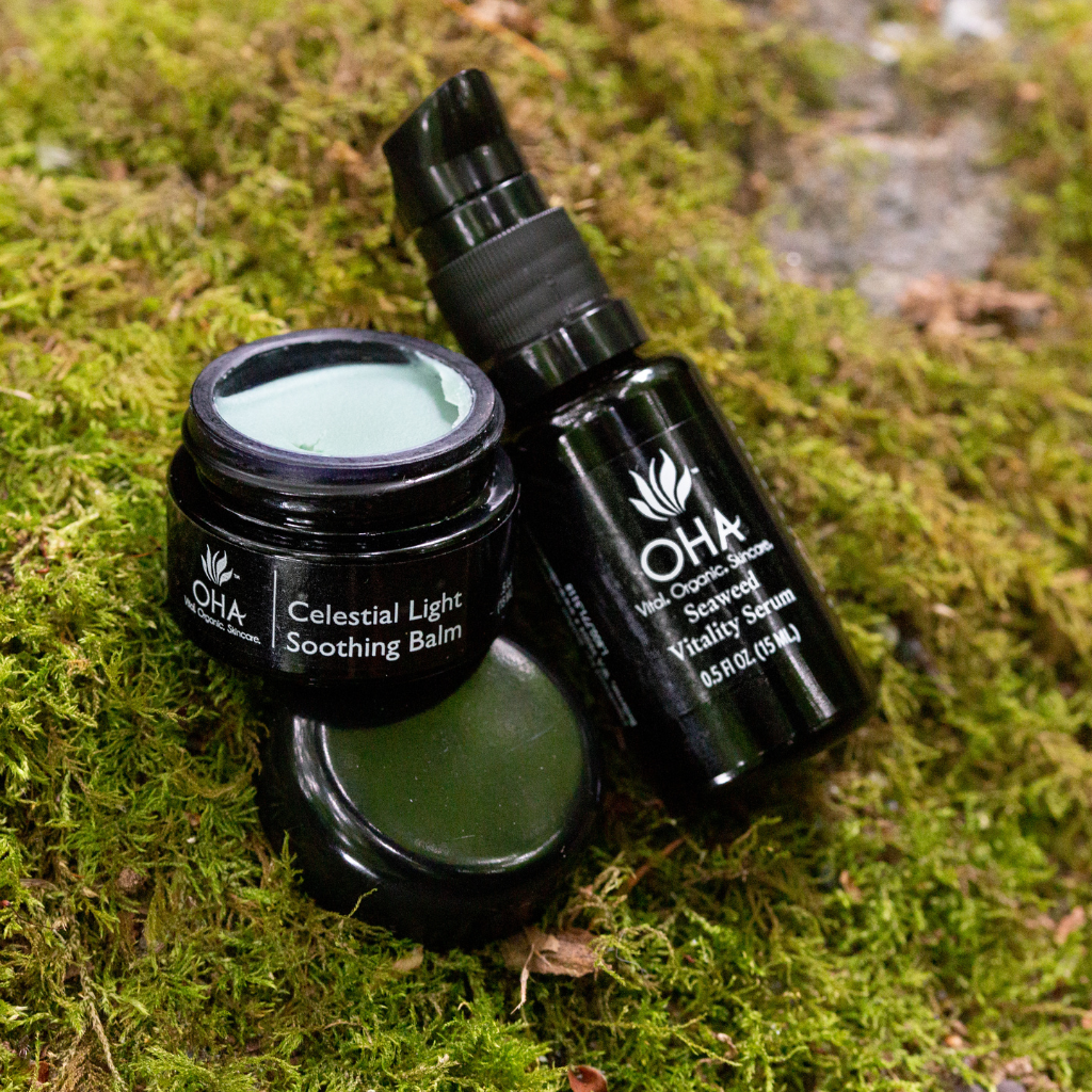 Pump bottle of Seaweed Vitality Serum and jar of Radiant Light Facial Balm.