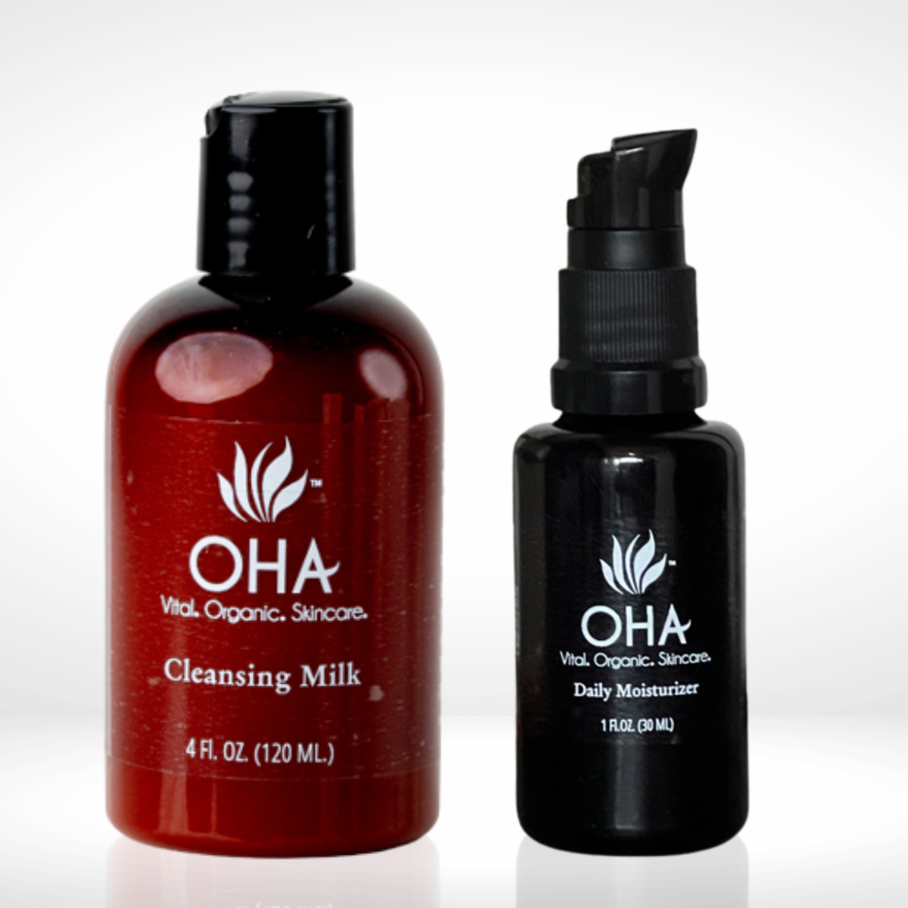 organic cleansing milk and bottle of daily moisturizer