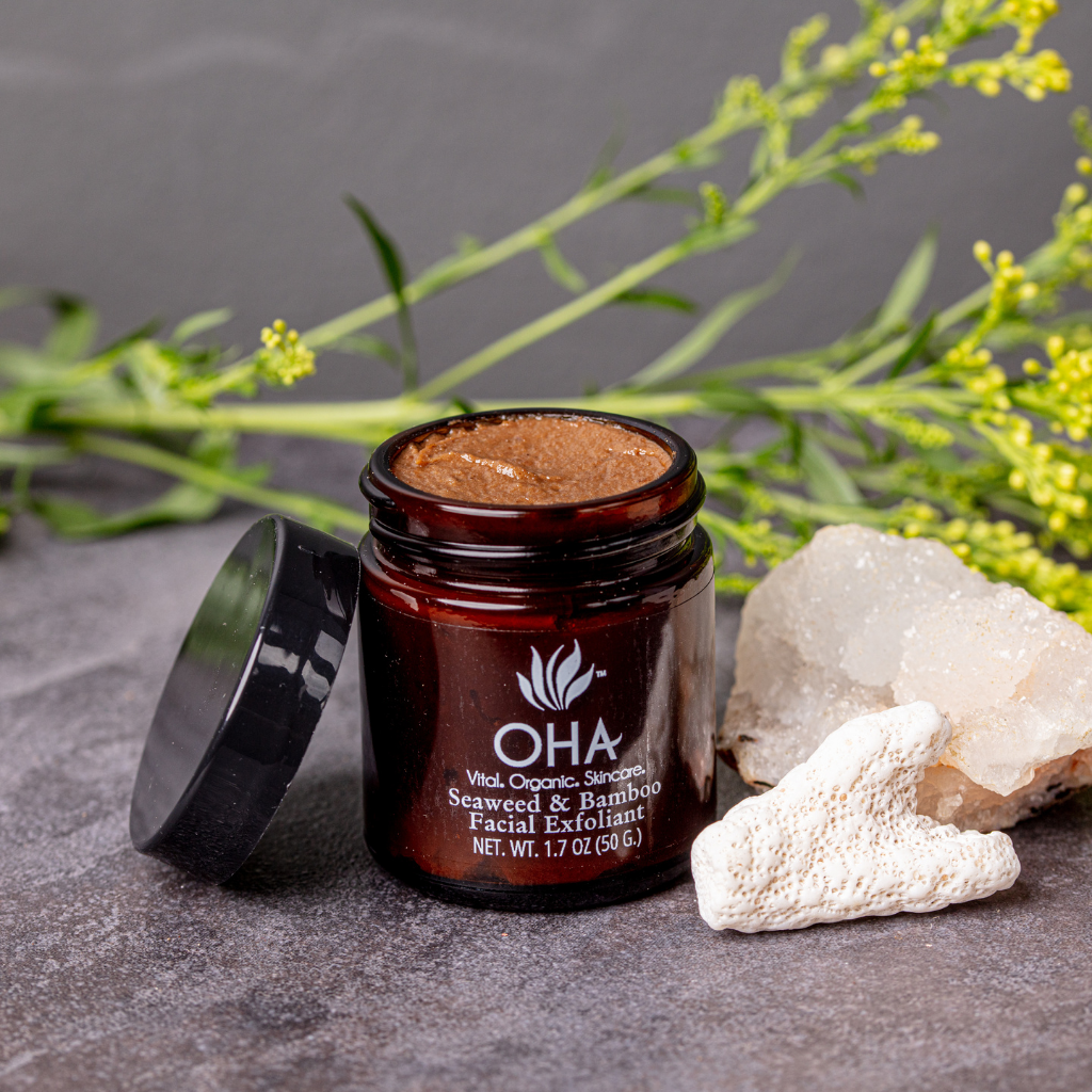 Jar of gentle exfoliant made with seaweed and bamboo